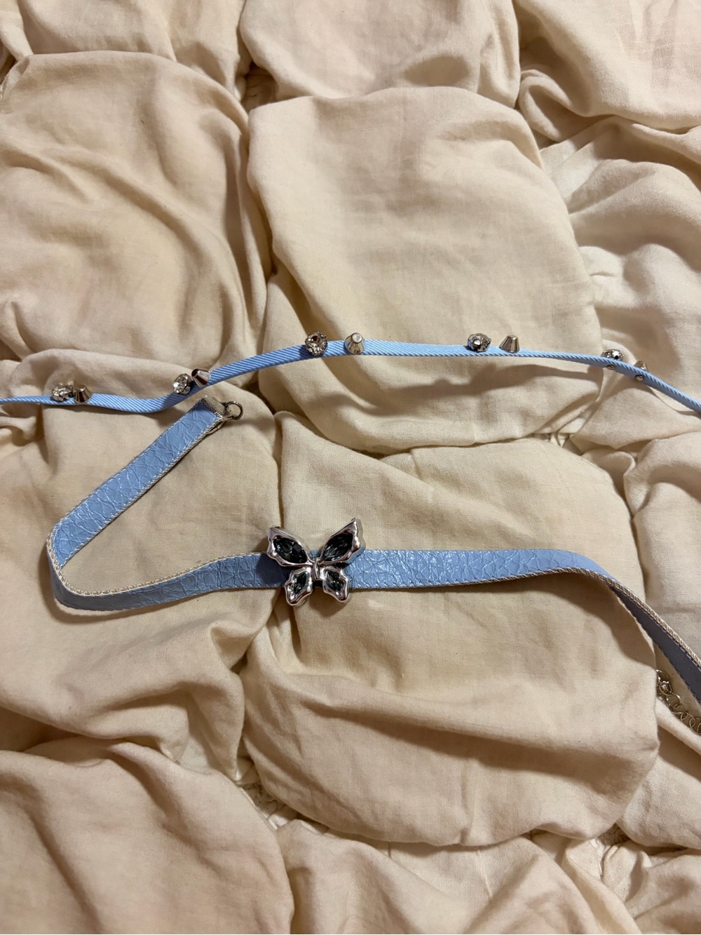 Free People Light Blue Faux Leather and Rhinestone Butterfly Choker Necklace Set